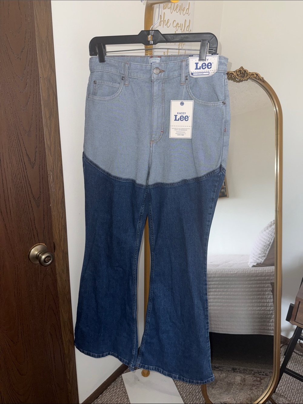 Lee Two-Tone High-Rise Flare Jeans in Light & Dark Blue